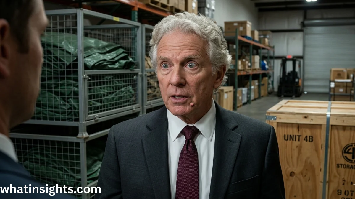 Actor James Handy in a dark grey suit and maroon tie speaking intensely with another man inside a storage warehouse, highlighting a dramatic performance by James Handy.