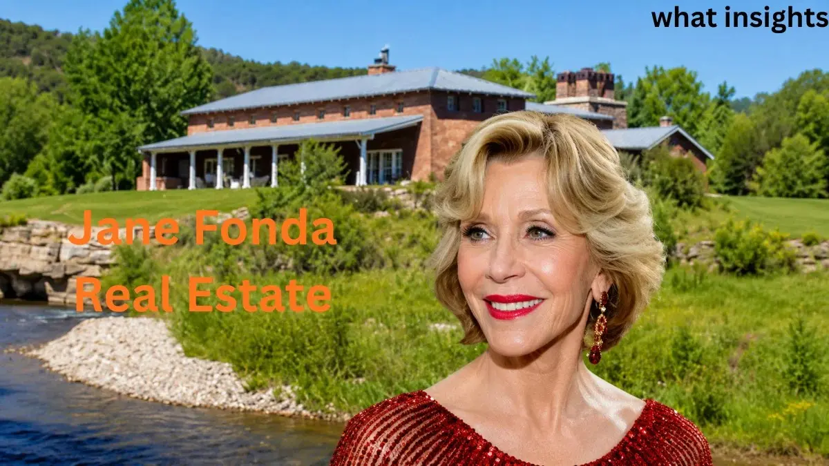 Jane Fonda standing in front of a luxury riverside estate house surrounded by greenery and nature, with overlaid text reading “Jane Fonda Real Estate” and informational theme connected to Jane Fonda Net Worth.