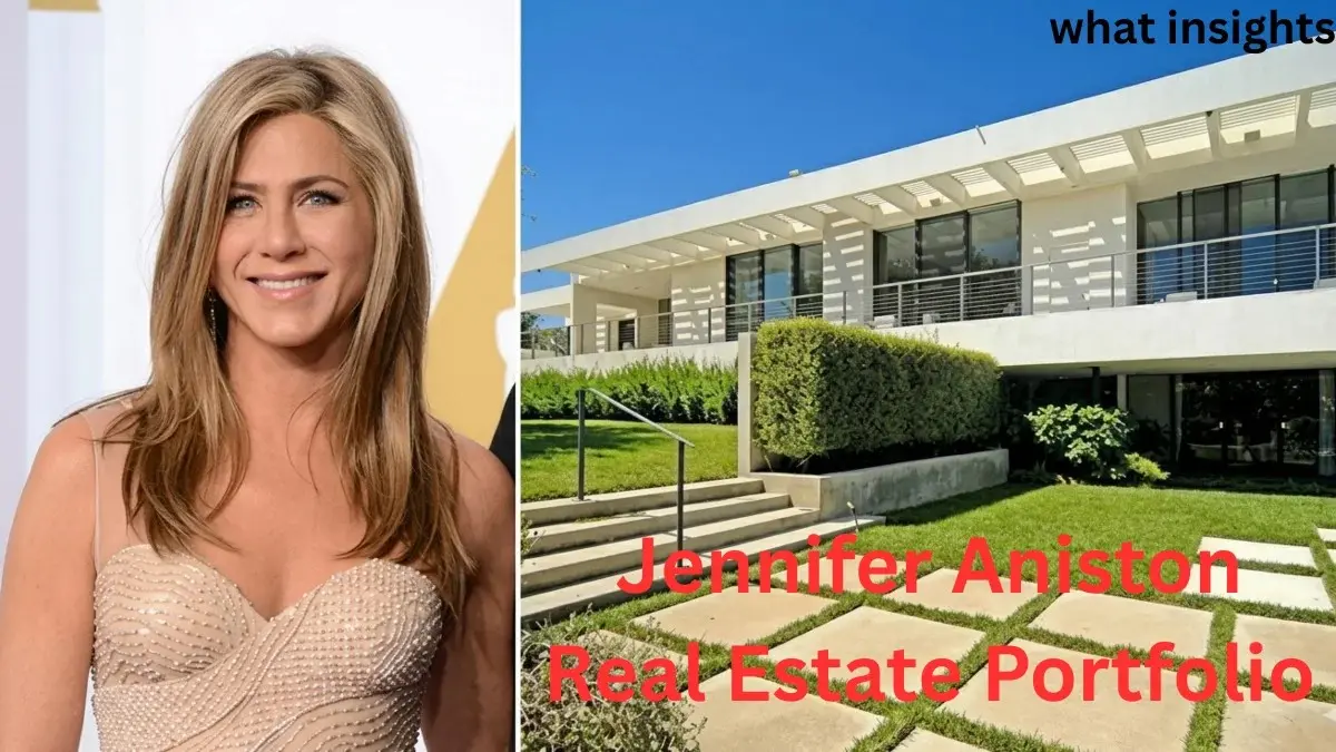 Jennifer Aniston standing next to a luxury home featured in her real estate portfolio, illustrating Jennifer Aniston Net Worth and high-value property investments.