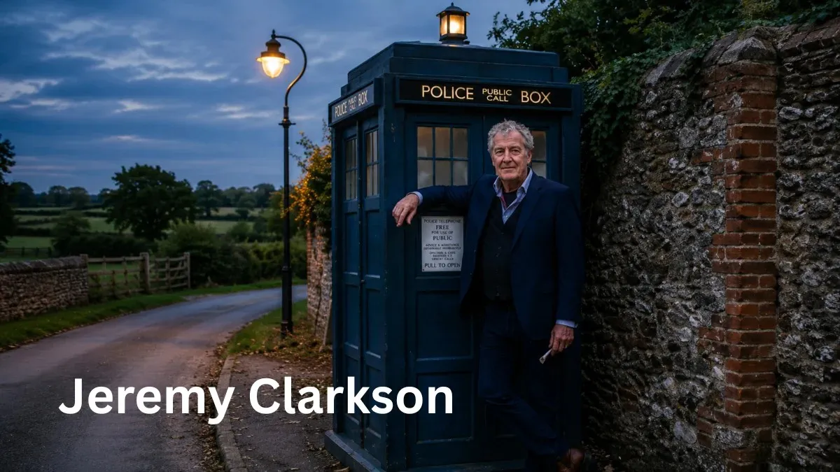Jeremy Clarkson standing beside a blue police box on a countryside road at dusk, featuring Jeremy Clarkson in a scenic rural landscape.