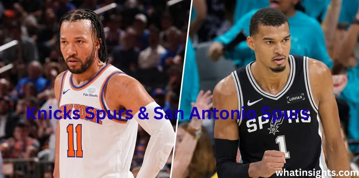A split-screen graphic showcasing Jalen Brunson in his New York jersey alongside Victor Wembanyama in his San Antonio uniform during a Nicks Spurs game.