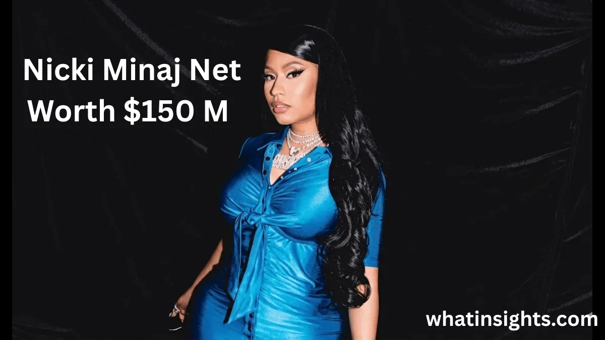 Nicki Minaj wearing a blue silk dress against a black background, representing the official breakdown of Nicki Minaj Net Worth.