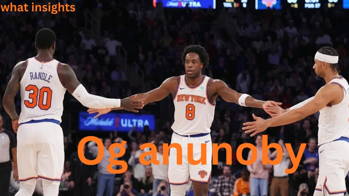 og anunoby celebrating with New York Knicks teammates during an NBA game, highlighting teamwork, leadership, and his impact on the court.