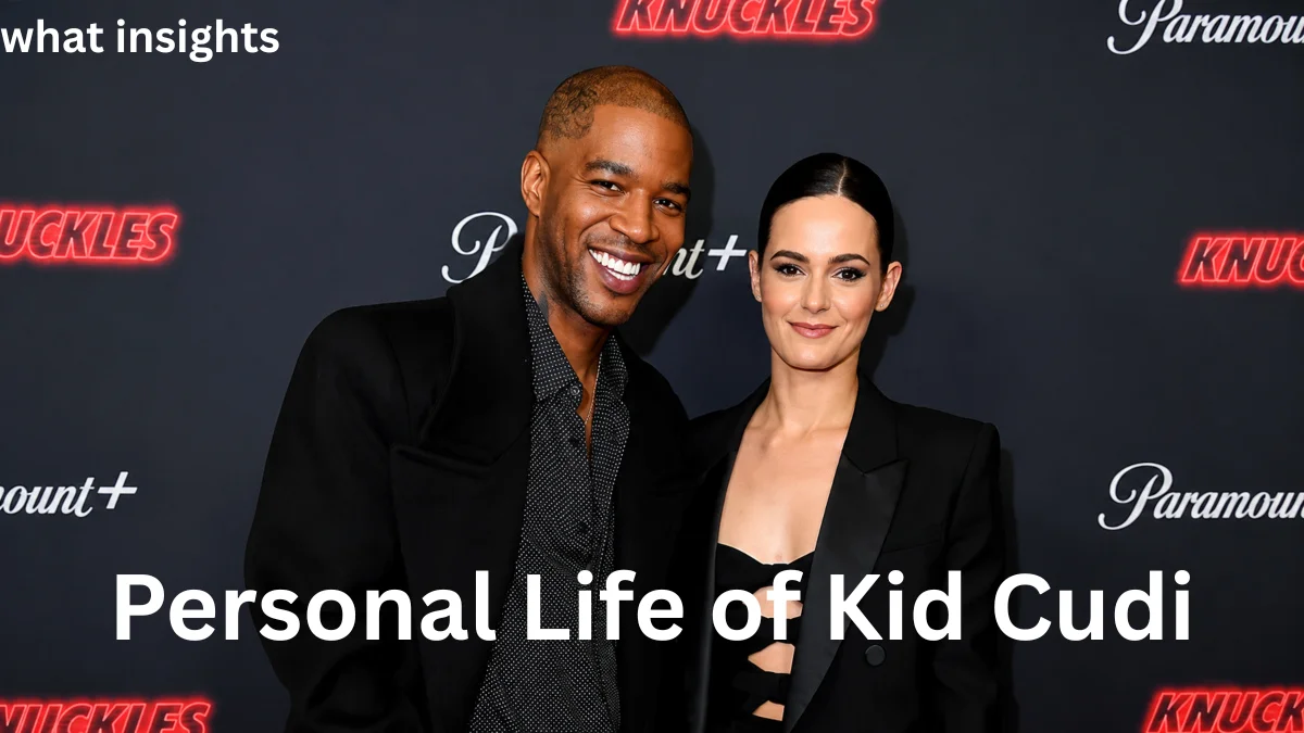 Rapper and actor Kid Cudi smiling alongside Lola Abecassis Sartore at a Paramount red carpet event, reflecting a stable chapter in his personal life that mirrors the growth of the Kid Cudi Net Worth.