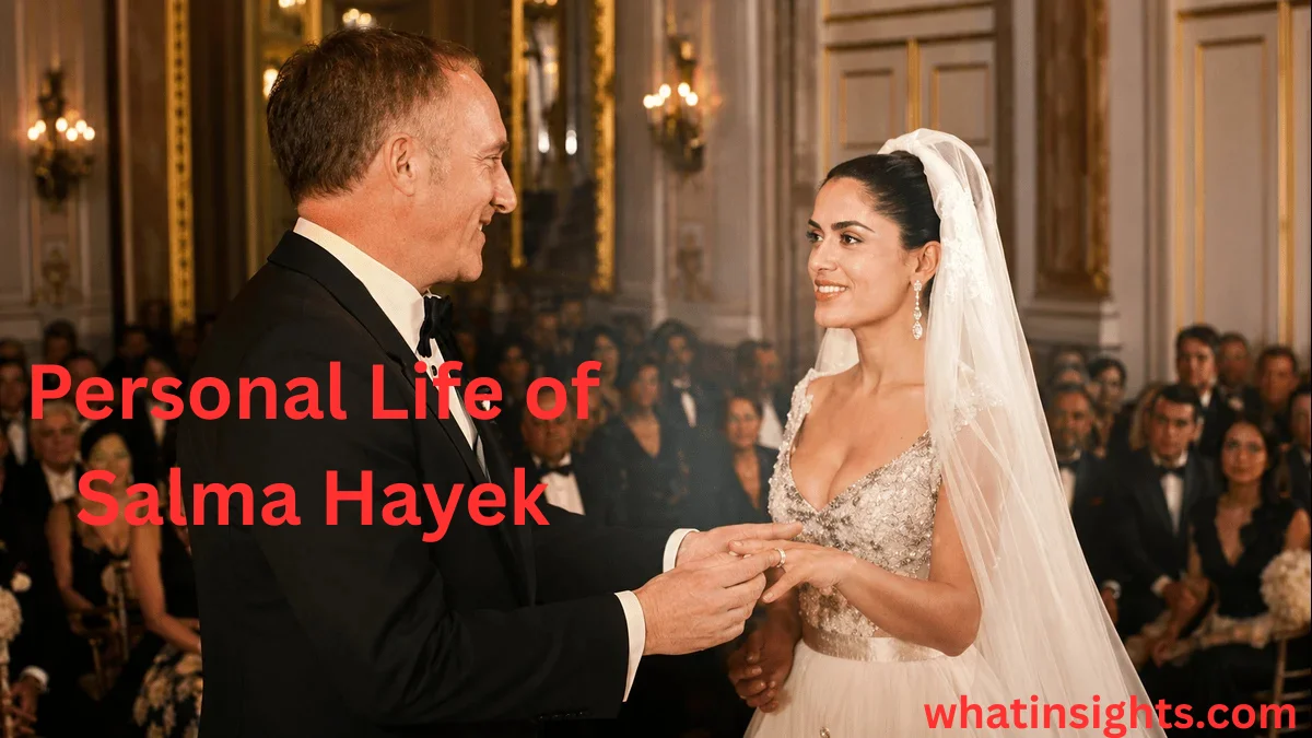 A wedding photo overlayed with red text reading 'Personal Life of Salma Hayek' showing her exchanging rings with husband François-Henri Pinault, a major milestone often discussed alongside Salma Hayek Net Worth.