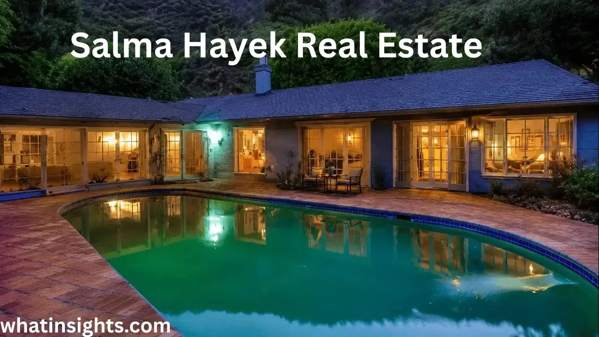 A luxury home and backyard swimming pool at dusk with text overlay reading 'Salma Hayek Real Estate', showcasing property investments connected to Salma Hayek Net Worth.