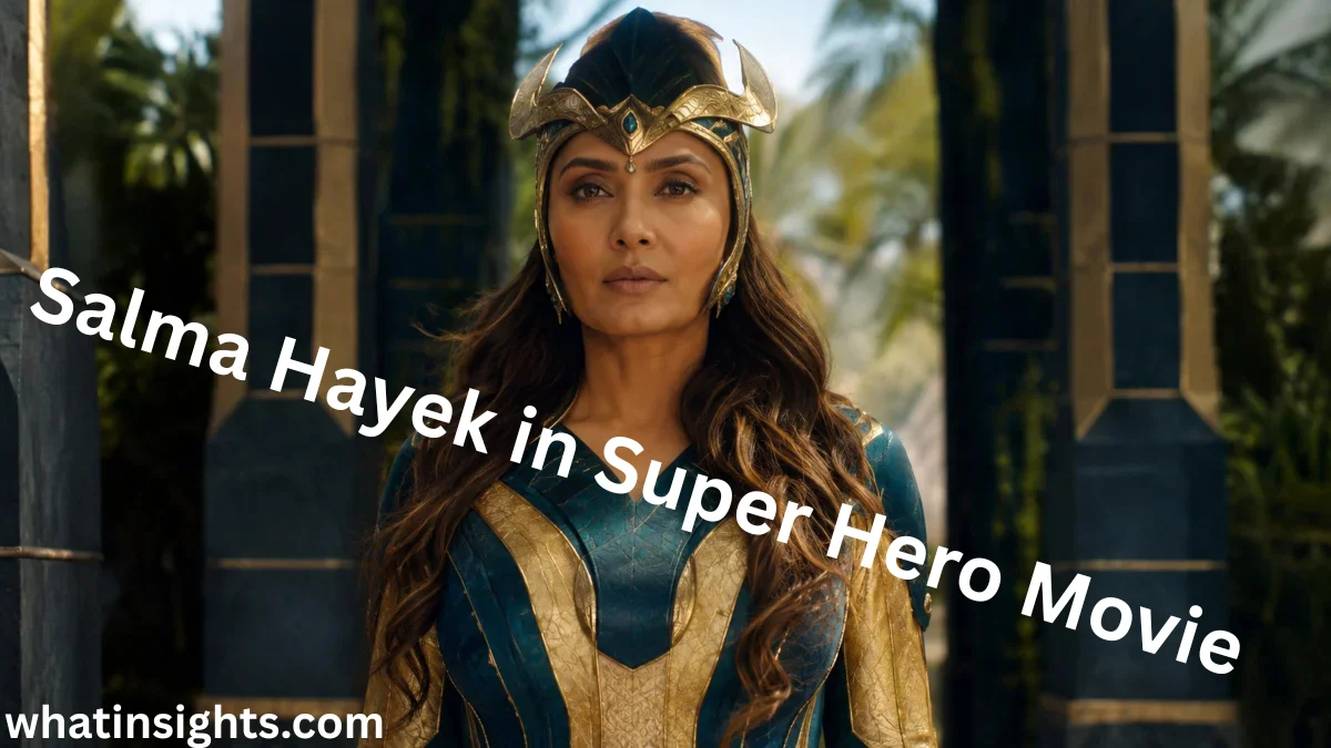 An image graphic with white text reading 'Salma Hayek in Super Hero Movie' showing actress Salma Hayek as Ajak in Marvel's Eternals, a major box-office role contributing to the current Salma Hayek Net Worth.