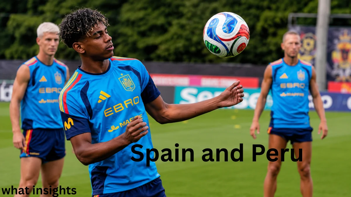 Spain vs Peru football action showing Spain national football team player battling for ball control against Peru defender during an intense match moment.