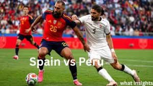 Spain vs Peru football action showing Spain national football team player competing against Peru player in an intense match for ball control.