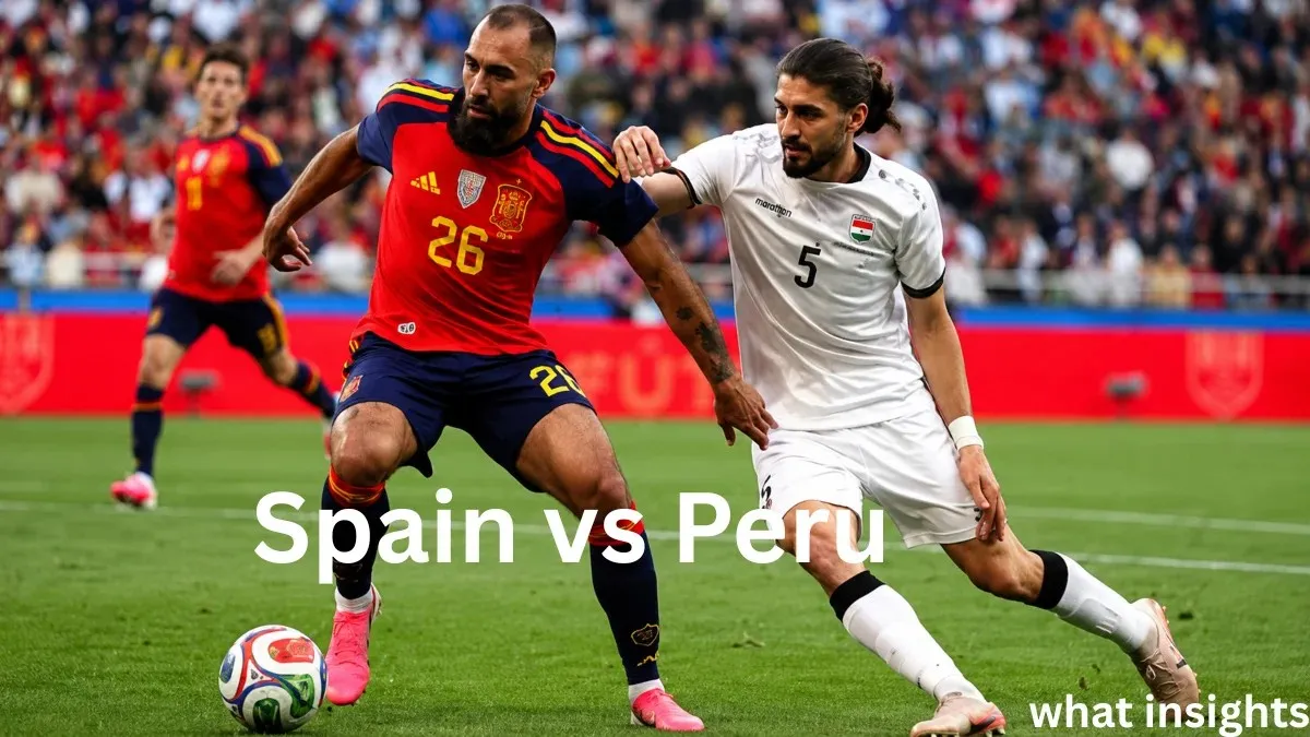 Spain vs Peru football action showing Spain national football team player competing against Peru player in an intense match for ball control.