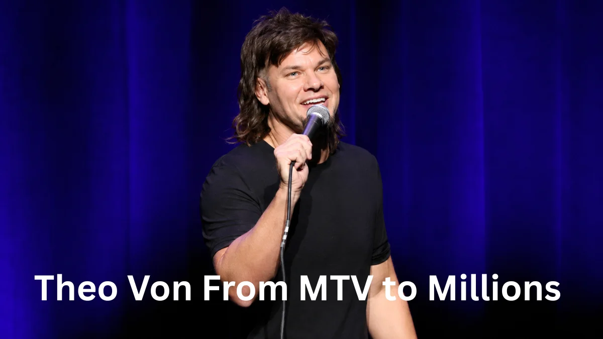 Theo Von performing stand-up comedy on stage, showing Theo Von Net Worth growth from MTV fame to millions