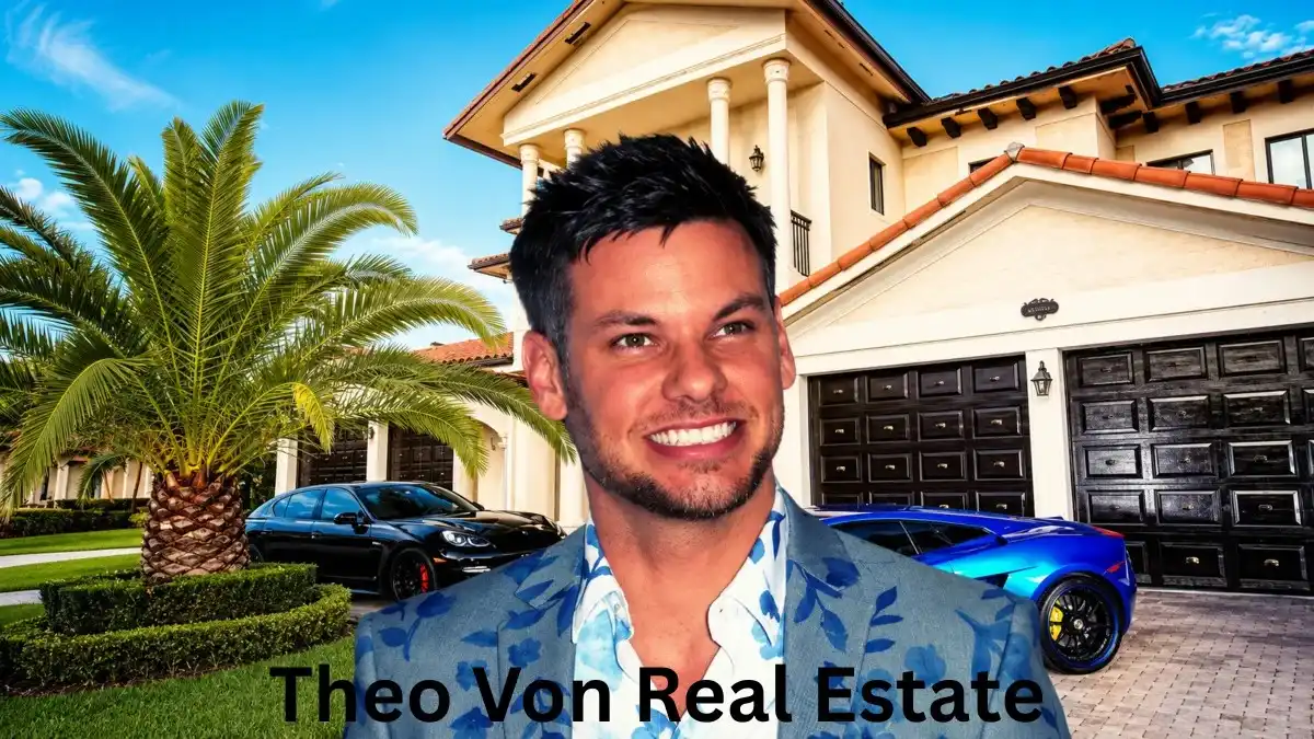 Theo Von Net Worth shown with luxury real estate background, expensive cars, and celebrity lifestyle representing Theo Von’s wealth and success