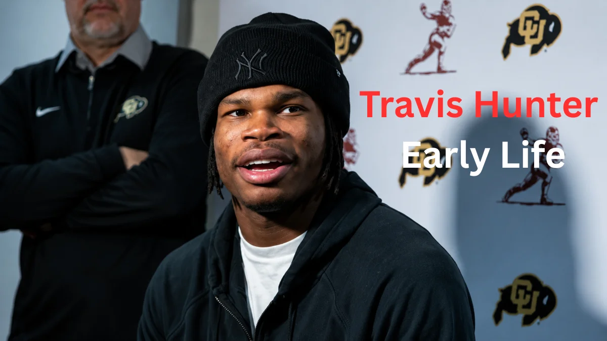 Travis Hunter speaking at a media event during a discussion about his background and career journey, related to Travis Hunter Net Worth and early life